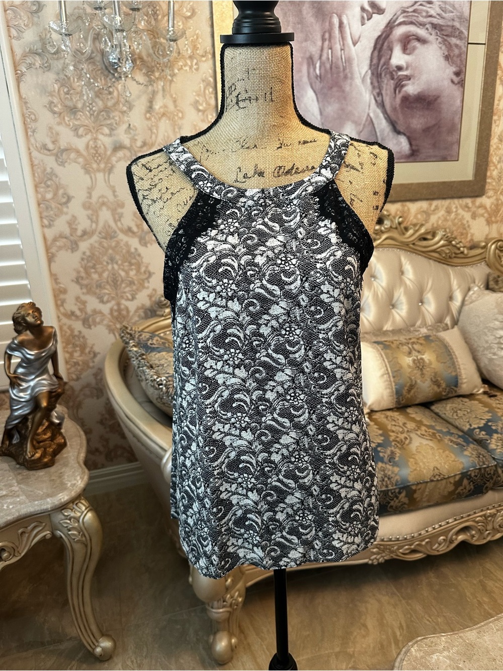 London Times Black & White Lace Halter Chemise